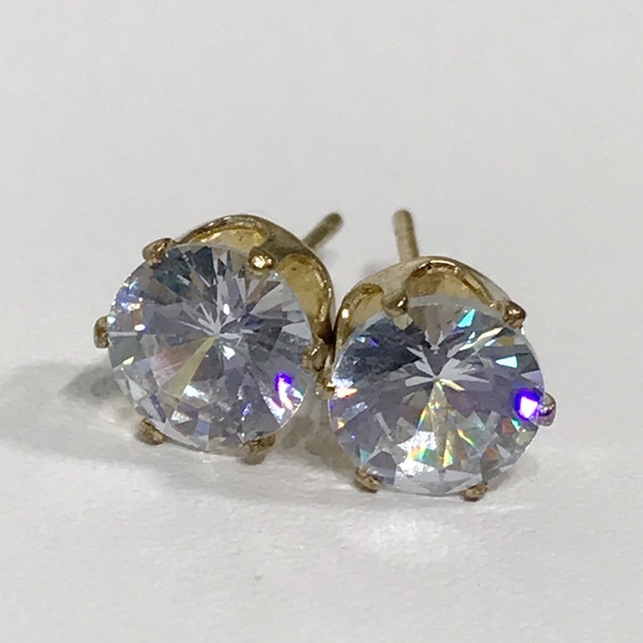 Vintage C&L 7mm Round Cut Prong Set CZ Stud Post Earrings Gold Tone Stainless - Picture 14 of 16